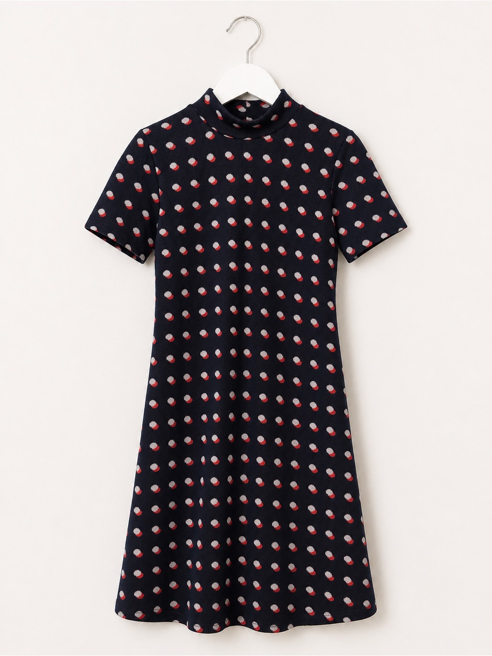BCBGeneration Navy Dot Mock Neck A-Line Mini Dress XS